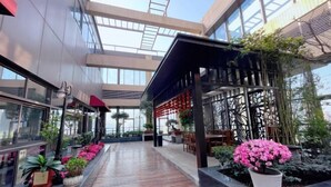 Spazio interno moderno con una passerella centrale, piante in vaso e una zona salotto coperta.