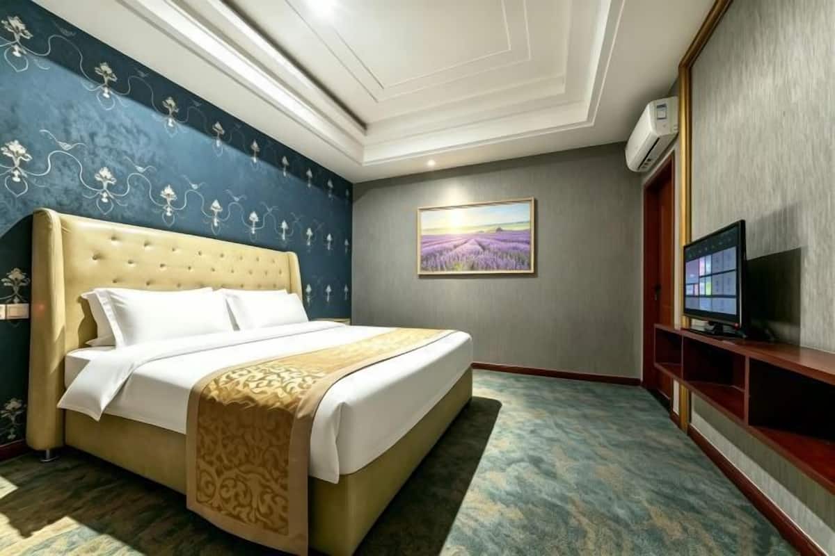 Habitación de hotel con una cama grande, televisor, un cuadro en la pared y piso alfombrado.
