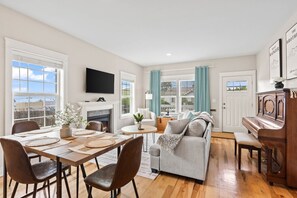 Smart TV, fireplace, books