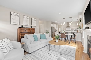 Smart TV, fireplace, books