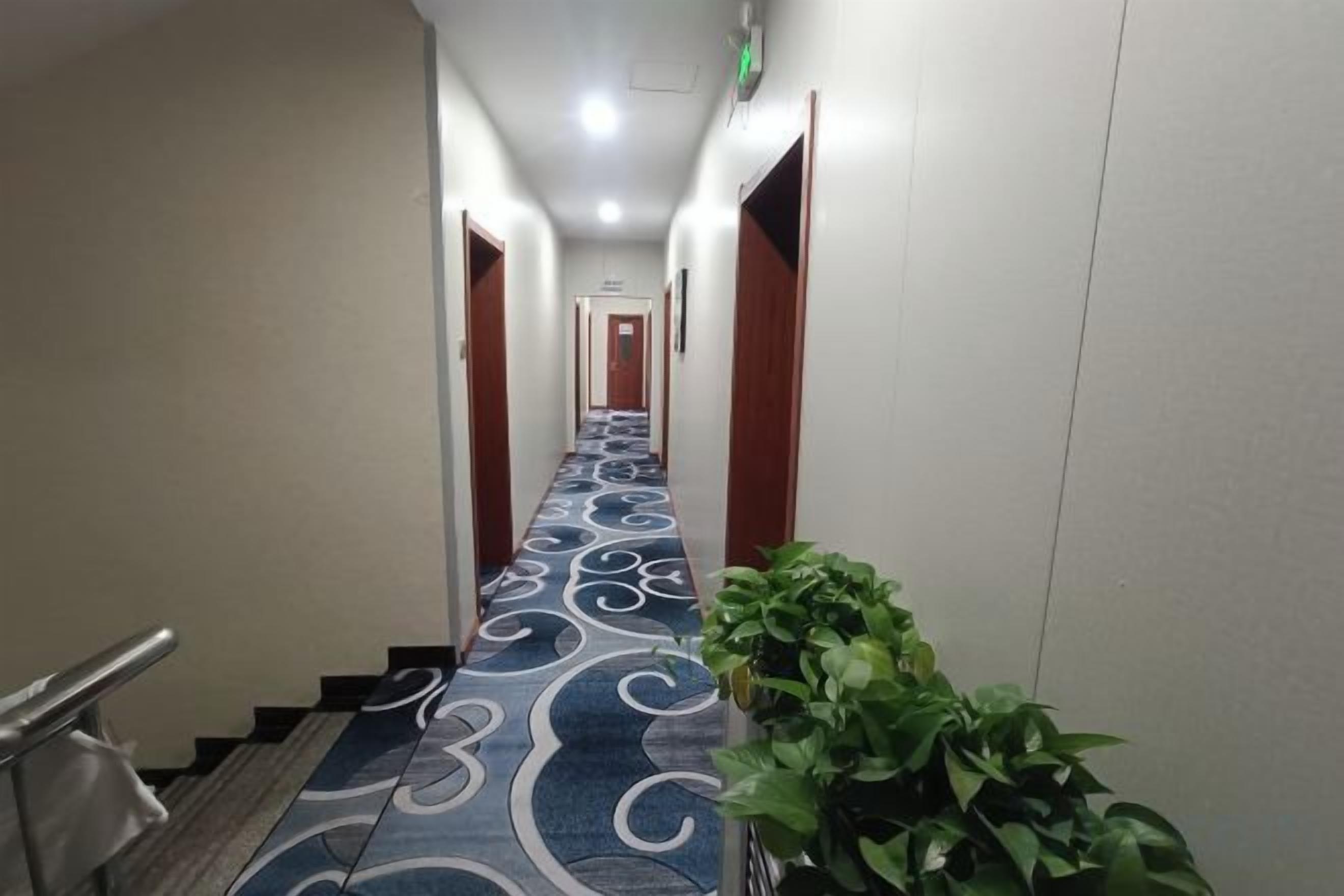 Un couloir d’hôtel avec un tapis à motifs, un escalier et une plante en pot.