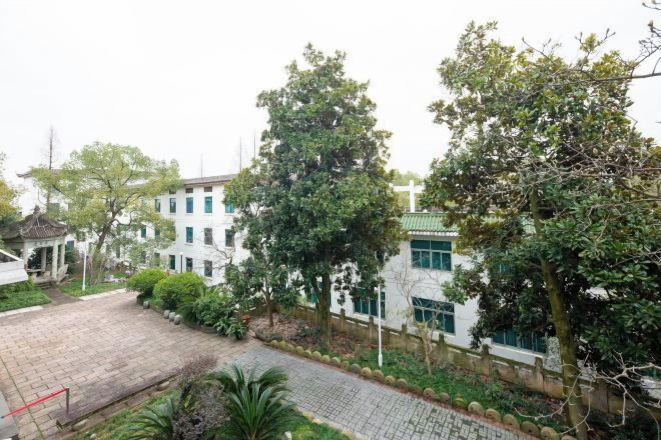 A courtyard with a paved walkway, surrounded by trees and buildings with traditional architecture.