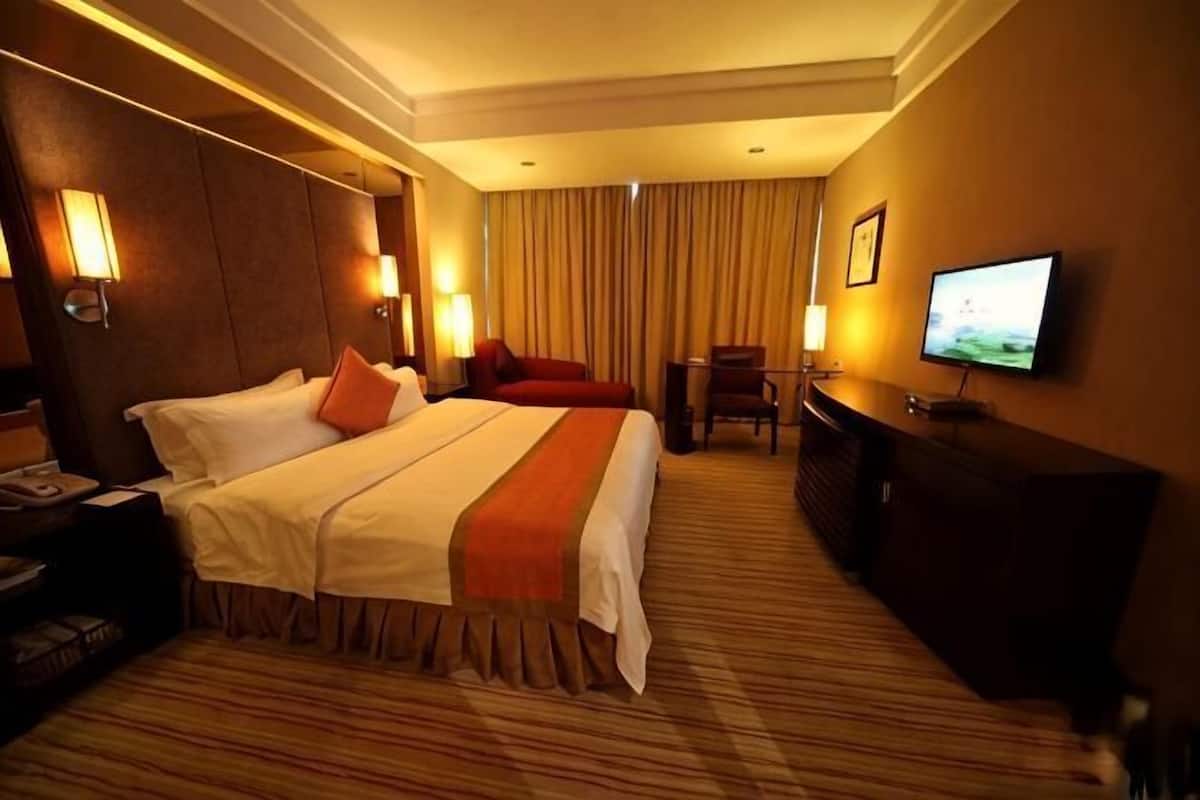 Une chambre d’hôtel avec un grand lit, une télévision, un bureau et une chaise.
