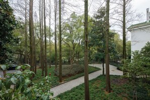 Un sendero atraviesa un jardín con árboles altos y un edificio blanco al fondo.