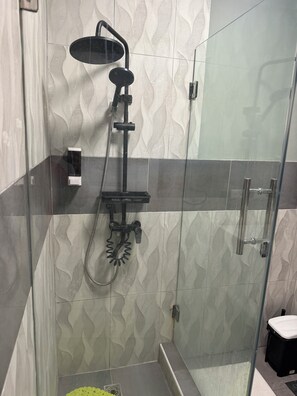 Shower, towels, soap, toilet paper