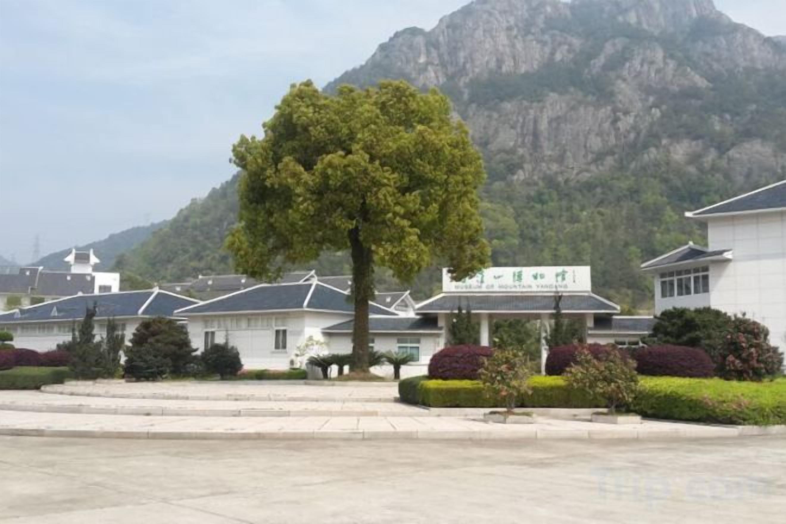 A hotel with multiple buildings, a prominent tree in the foreground, and mountains in the background.