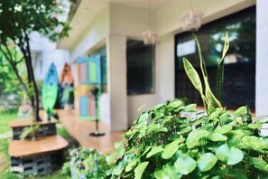 Un jardín con diversas plantas y un pequeño árbol.