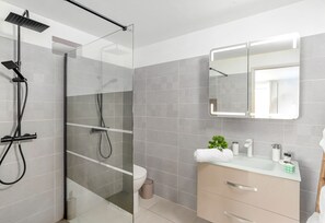 Hair dryer, bidet, towels, soap