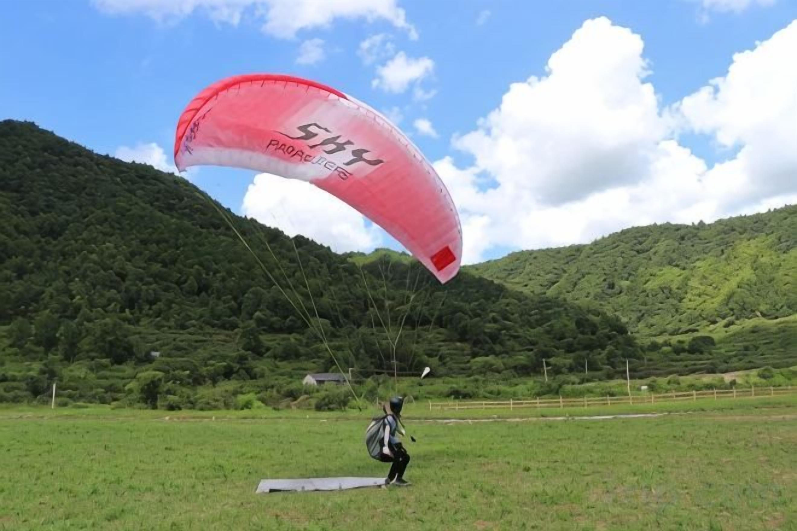 A person with a parachute in a grassy field with mountains in the background.
