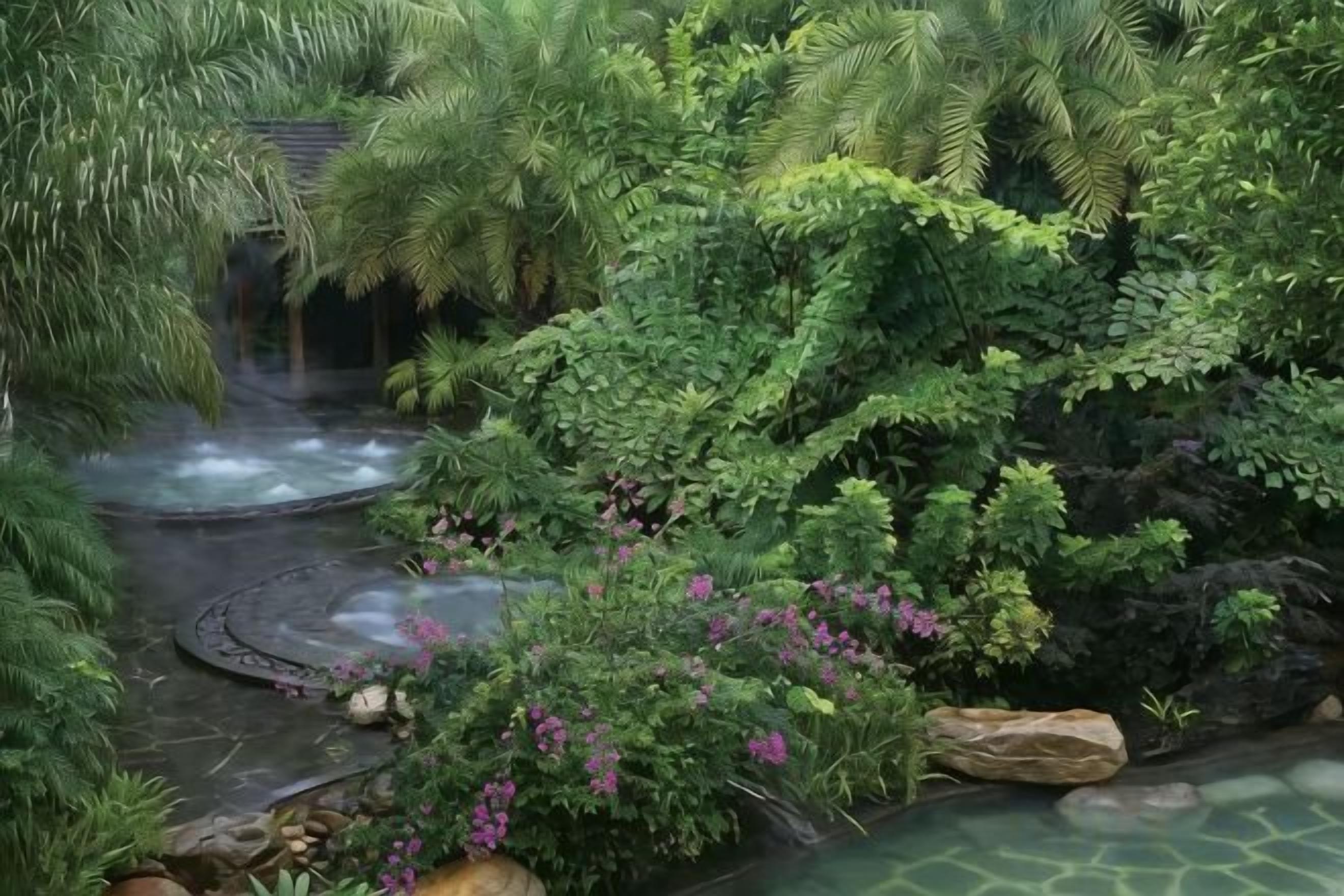 A lush indoor garden with a water feature, including a stream and a waterfall.