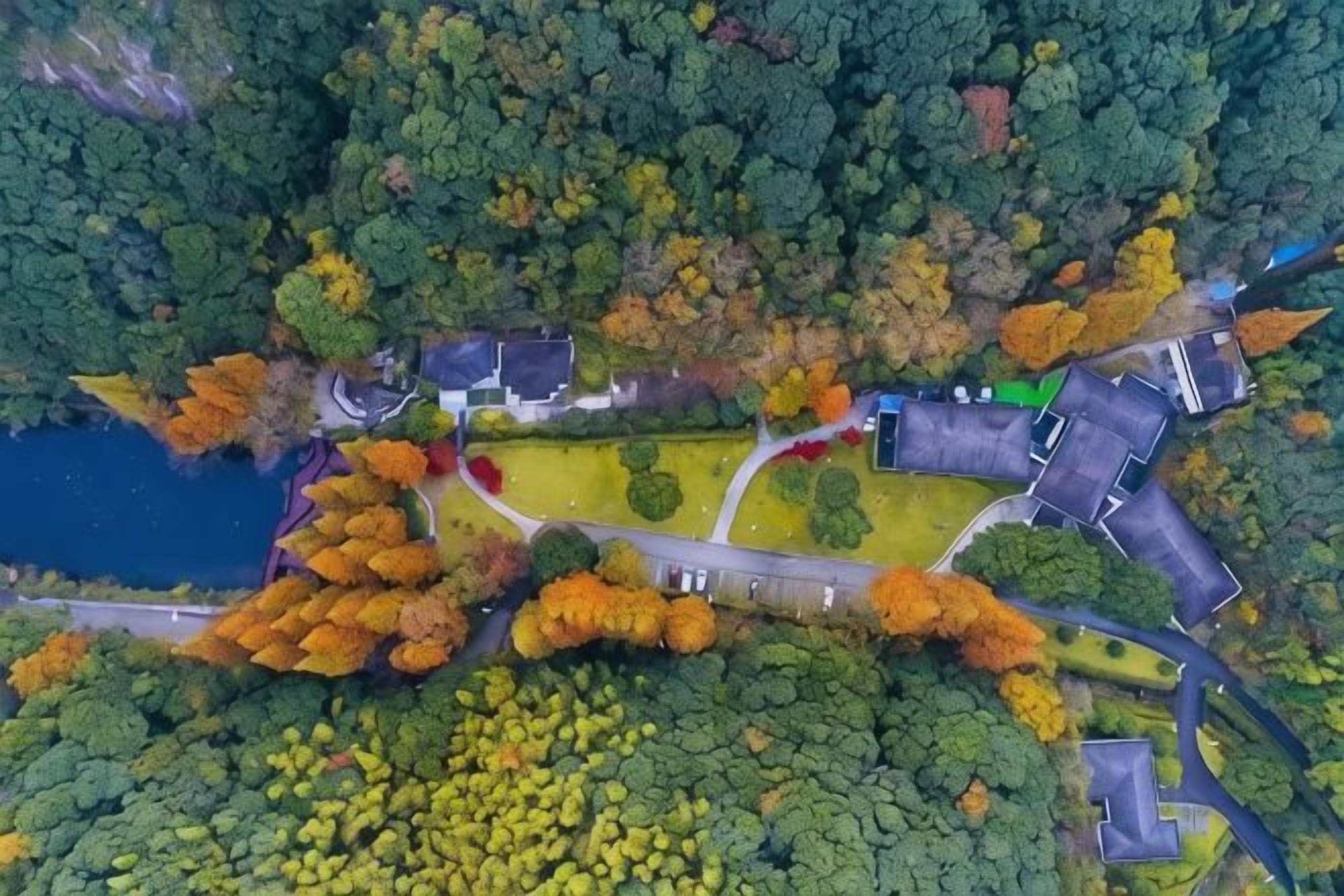 Vista aérea de una propiedad con un lago, rodeada de un bosque denso, que incluye un edificio principal, un área de estacionamiento y un pequeño puente.