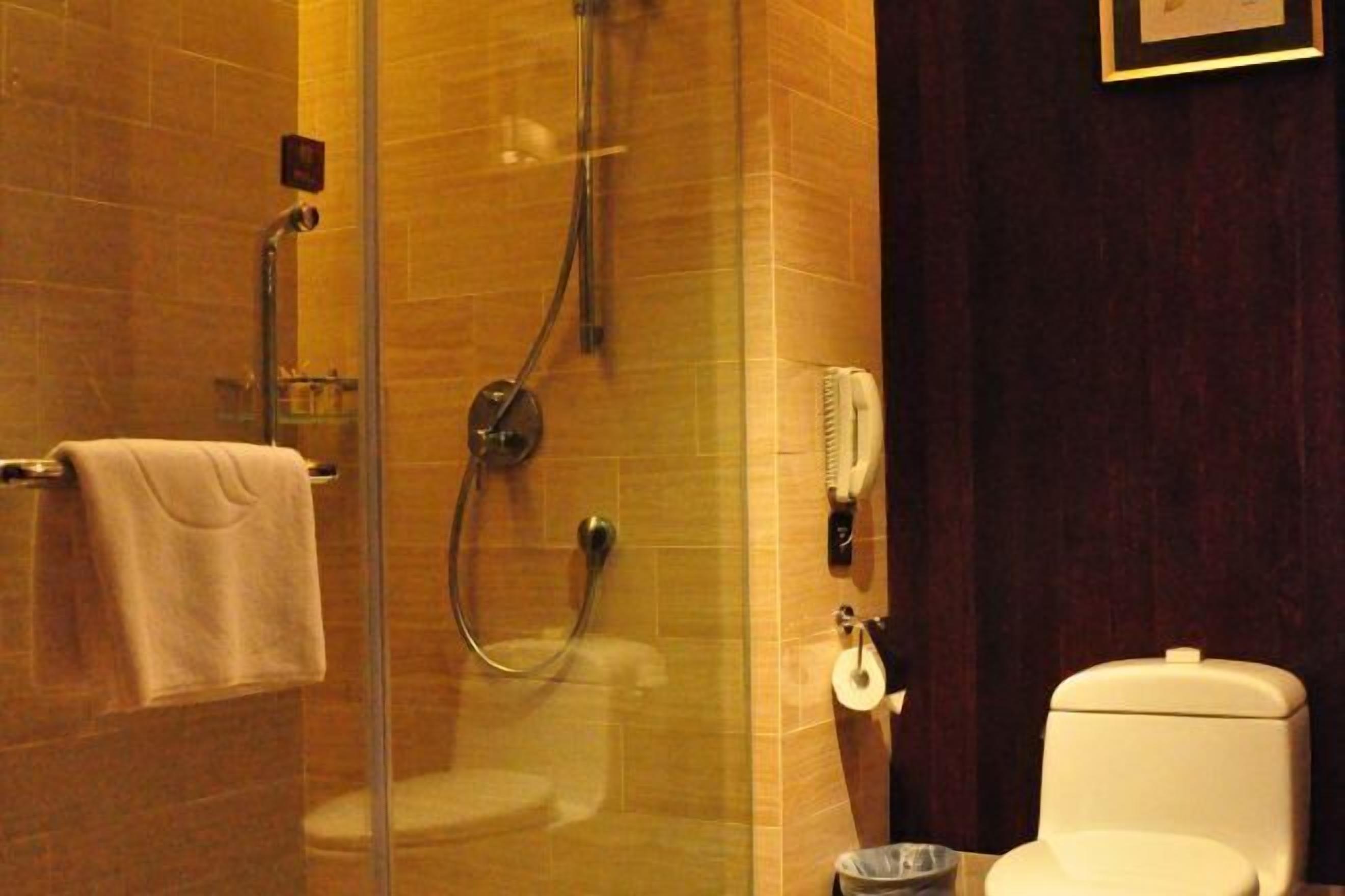A bathroom with a glass-enclosed shower, a toilet, and a towel rack.