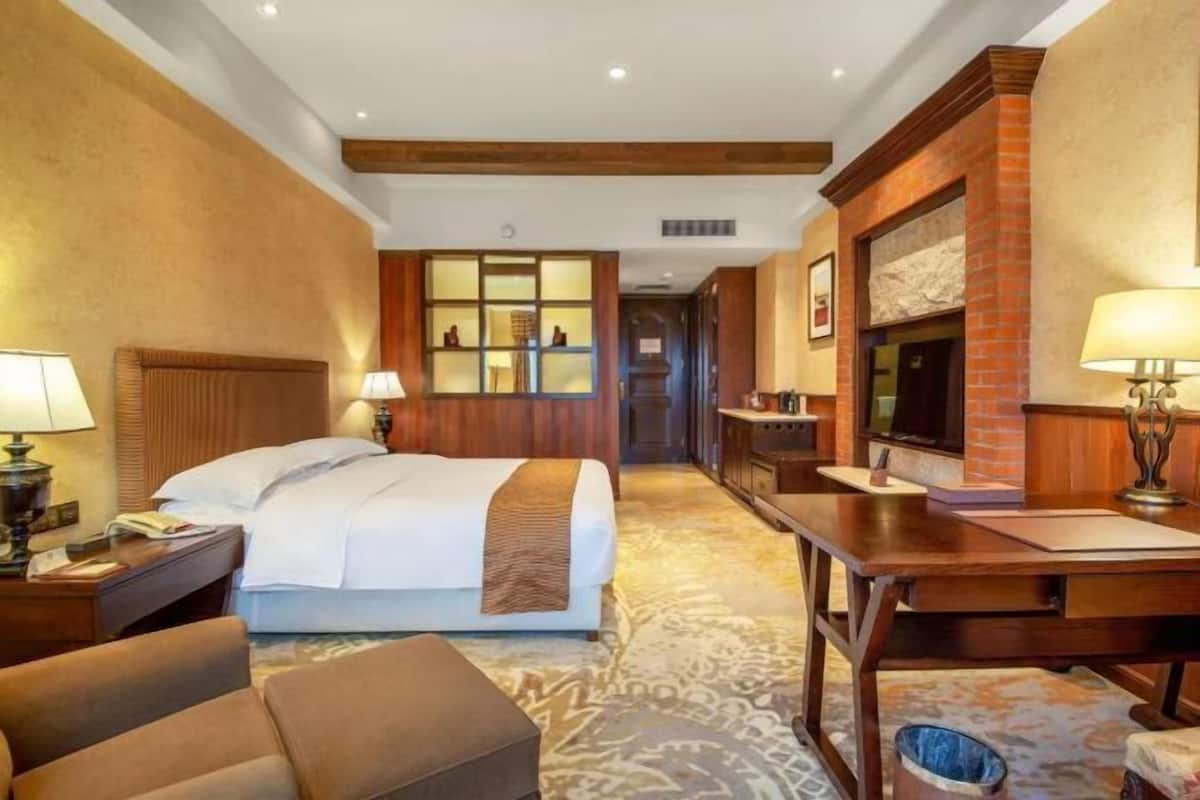 A hotel room with a bed, desk, chair, lamp, TV, and a view of the hallway.