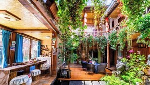A cozy café with wooden tables, a small seating area, and lush greenery. - Lijiang Clouds flying high Inn (Lijiang)