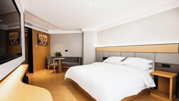 Ein modernes Hotelzimmer mit einem großen Bett, einem kleinen Schreibtisch, einem Sessel, einem Fernseher und einer Pflanze.