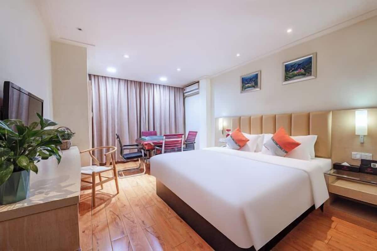 A hotel room with a bed, bedside table, lamp, chair, desk, potted plant, and curtains.