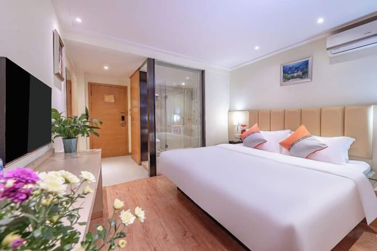A hotel room with a bed, a TV, a plant, and a door leading to a shower area.