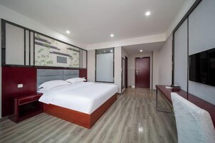 Una habitación de hotel moderna con una cama grande, una mesita de noche, un televisor y un armario.