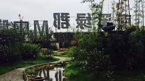 A garden with a pond, pathway, and bamboo plants. - Junchen Business Hotel (Chongqing)