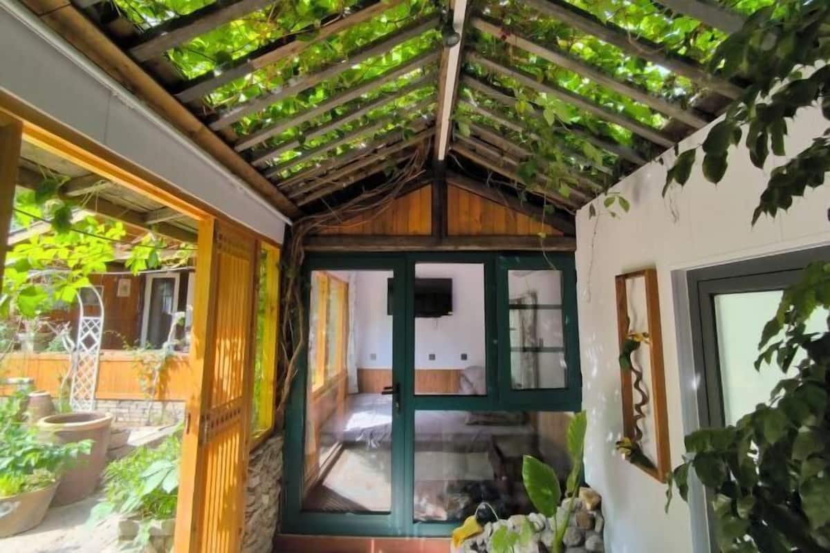 Une pièce chaleureuse avec un plafond en bois, une porte vitrée donnant sur une autre pièce et des plantes en pot disposées tout autour.