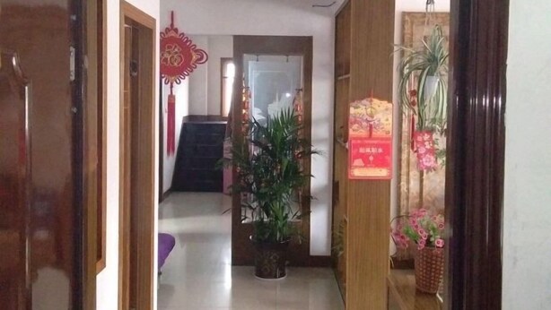 A hallway with a wooden door, a potted plant, and a red decorative item on the wall.