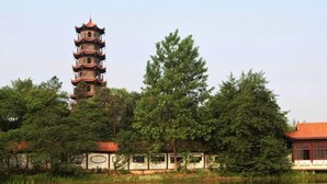Ein pagodentypischer Turm, ein Teich und ein traditionelles Gebäude mit rotem Dach.
