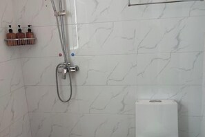 Casa de banho com chuveiro, sanita e prateleira para dispensador de sabão.