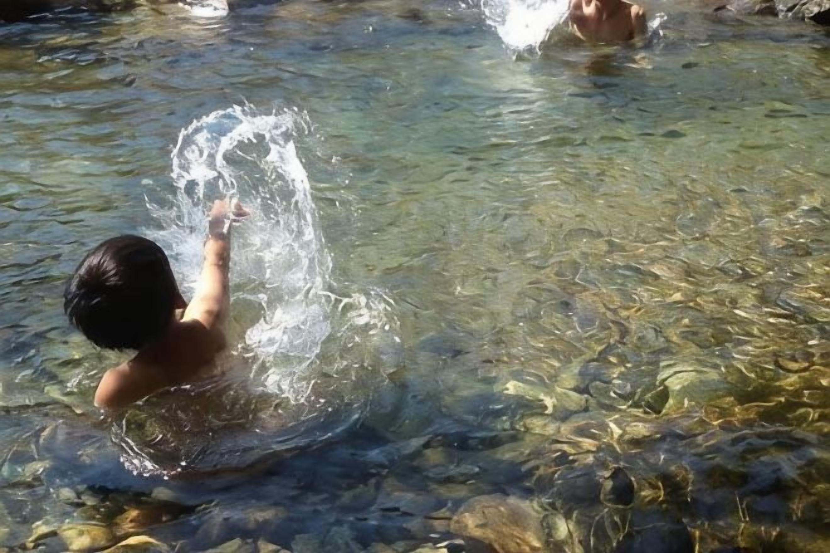 A person in a shallow water body, possibly a stream or river, with clear water and visible rocks beneath.