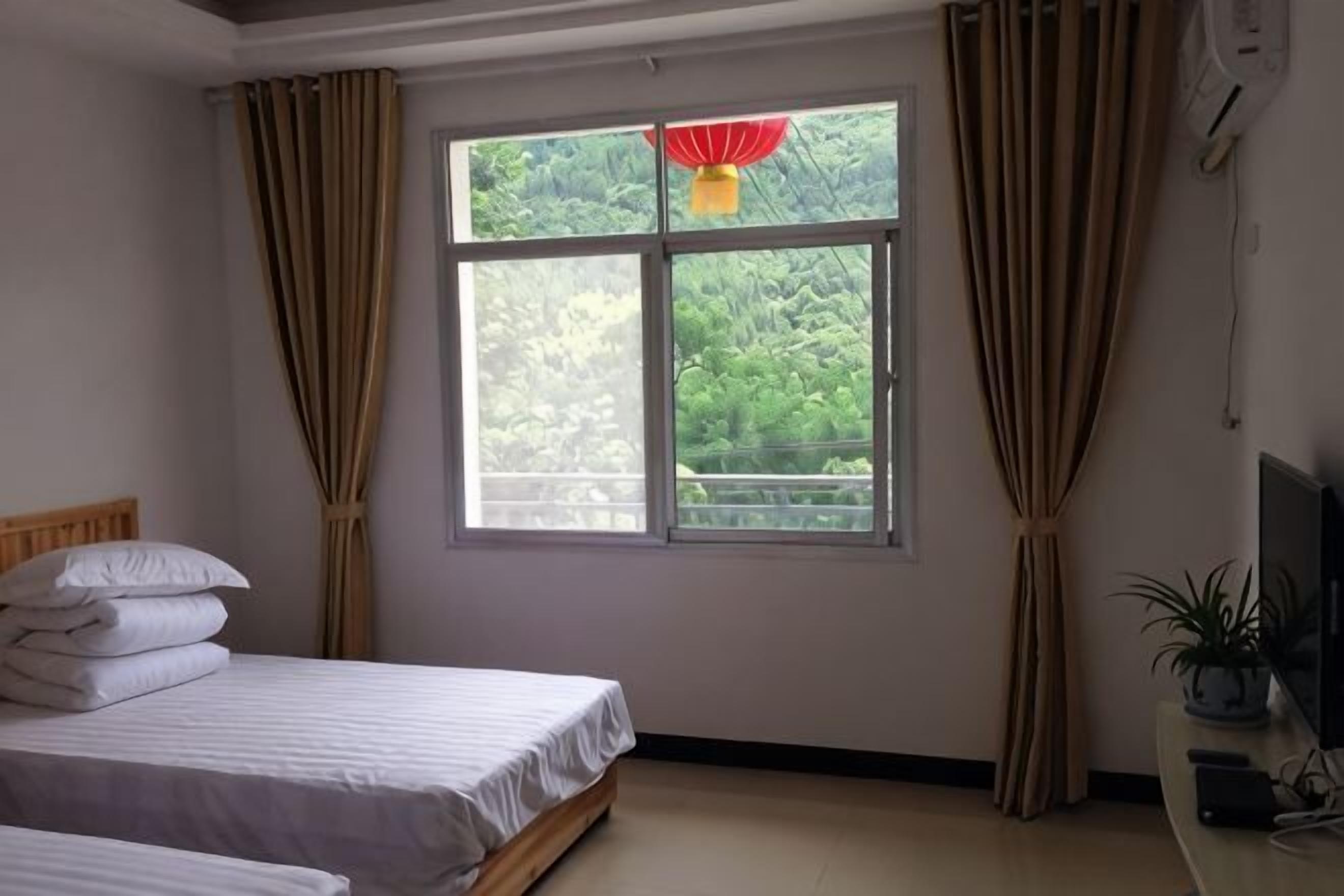 Una habitación con cama, ventana con cortinas, una planta y televisor.