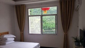 A room with a bed, a window with curtains, a plant, and a TV. - Luotian Impression Hongye Mountain Villa (Luotian County)