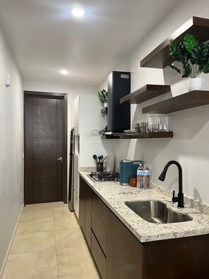 Fridge, microwave, stovetop, coffee/tea maker