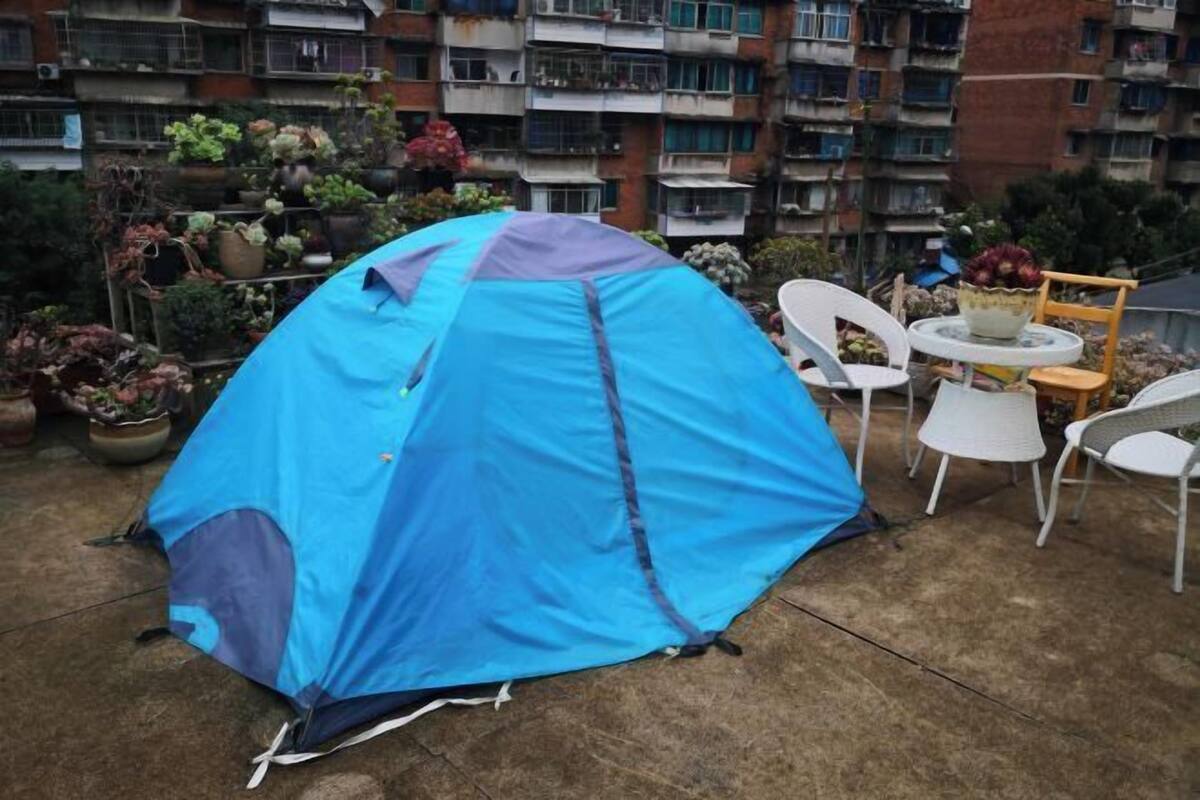 Une tente bleue est installée sur une terrasse, entourée de plantes en pot et de chaises blanches.