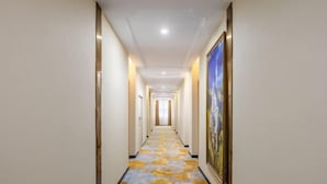 Un pasillo de hotel con alfombra estampada, obras de arte enmarcadas en las paredes y una lámpara en el techo.