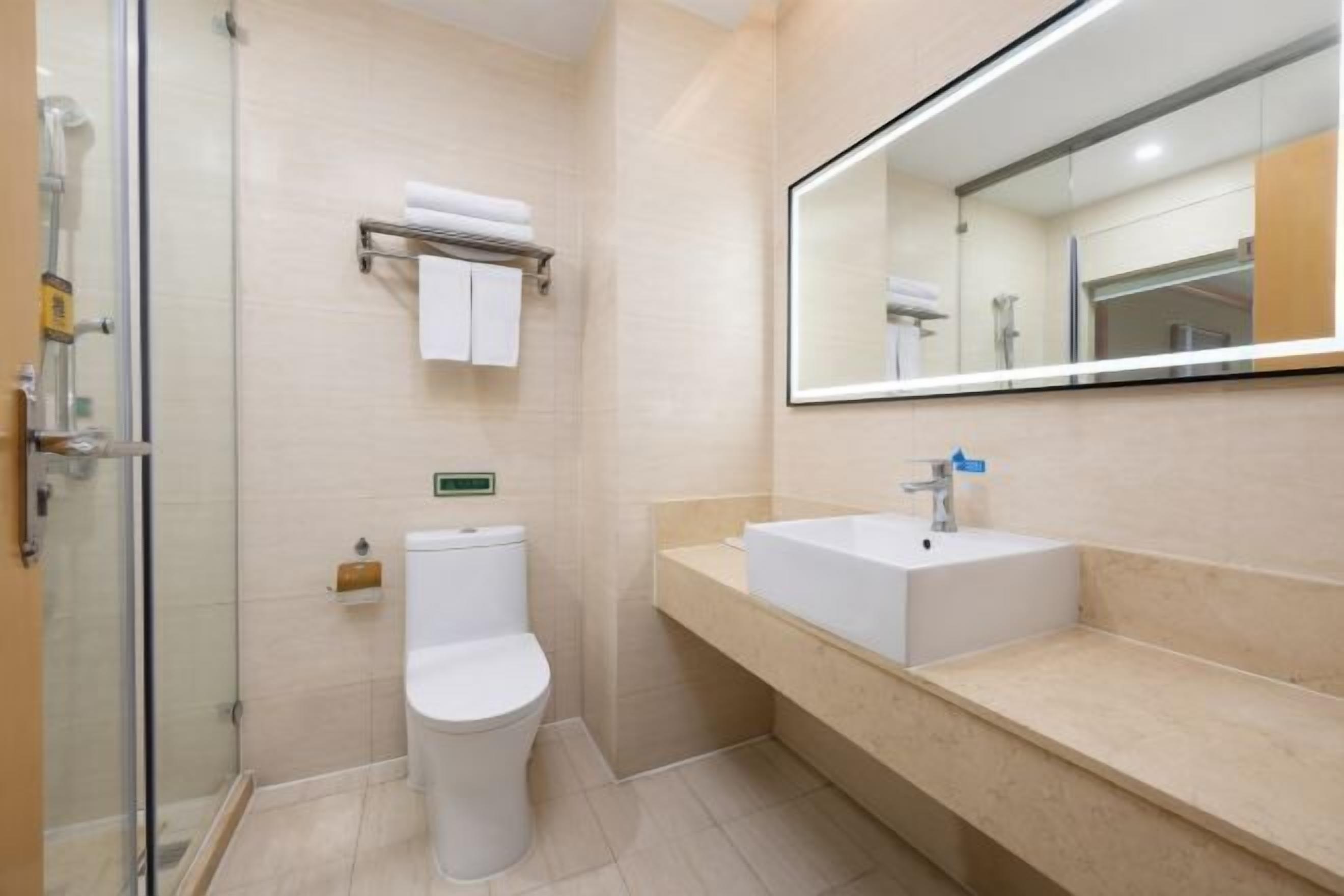 A modern bathroom with a glass shower enclosure, a white toilet, a beige vanity with a sink, and a large mirror.