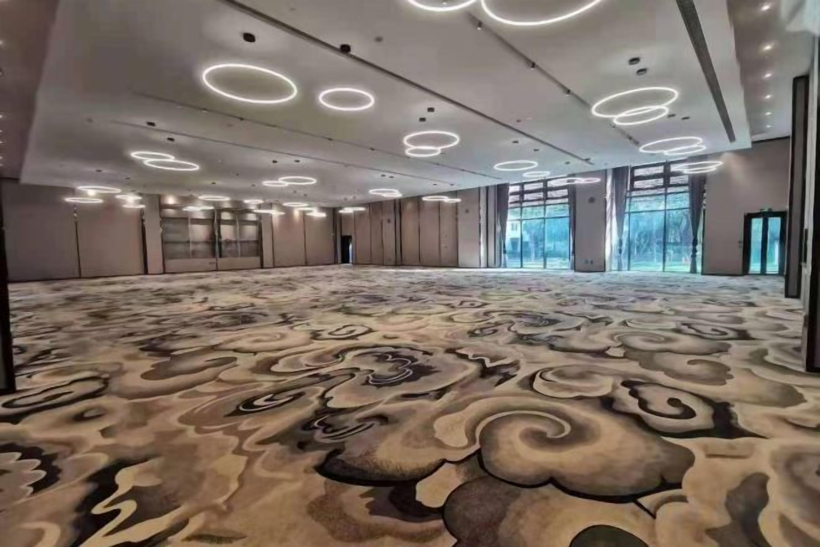 Un salón de conferencias amplio con alfombra estampada, luces empotradas en el techo y grandes ventanales.