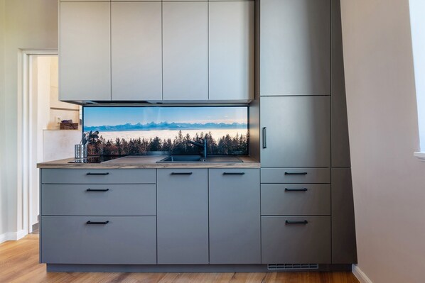 A modern kitchen with grey cabinets, a built-in stove, and a large window overlooking a mountainous landscape.