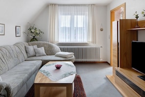 Un salon comprenant un canapé, une table basse, un radiateur, un téléviseur et une fenêtre avec des rideaux légers.