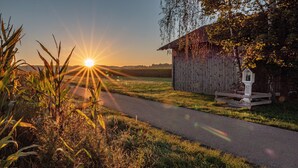 Un paysage rural avec une grange en bois, un chemin pavé et un ciel dégagé.