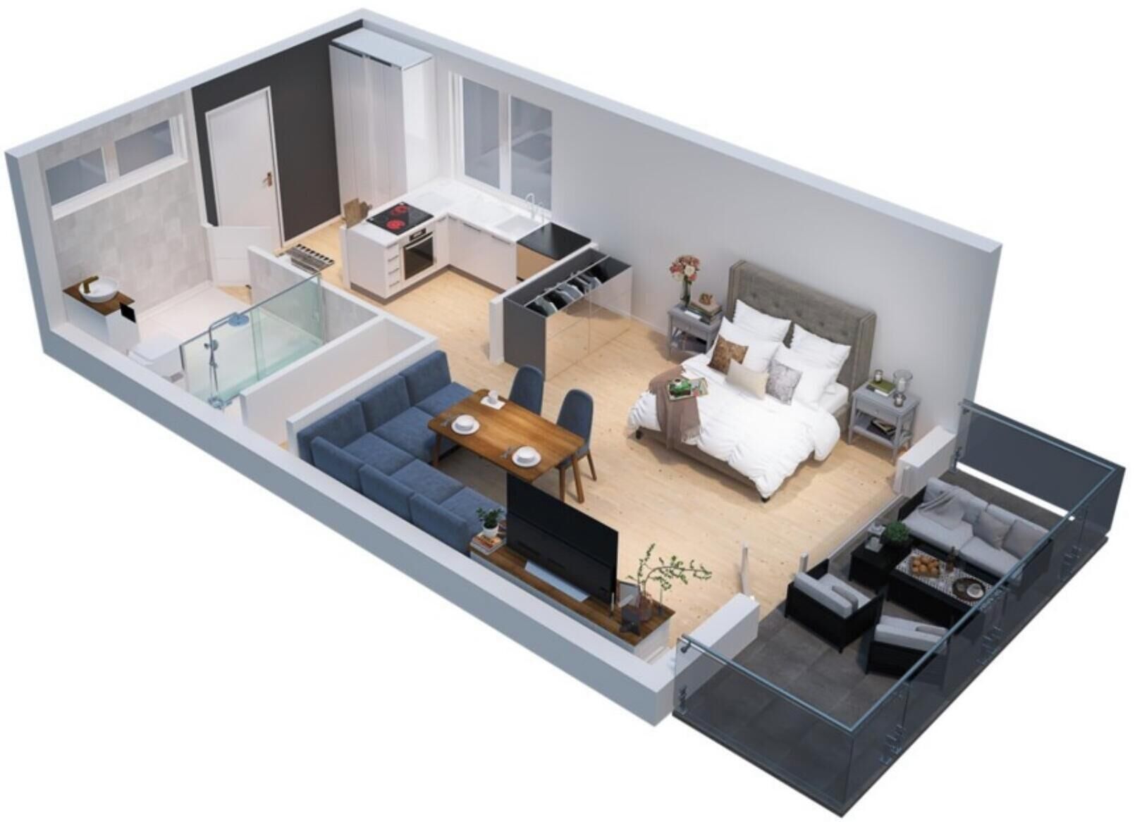 Ein modernes Apartment mit Wohnzimmer, Essbereich, Küche und einem Balkon.