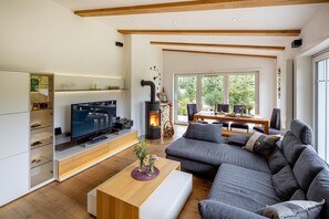 Un salon moderne avec une cheminée, un téléviseur et un canapé.
