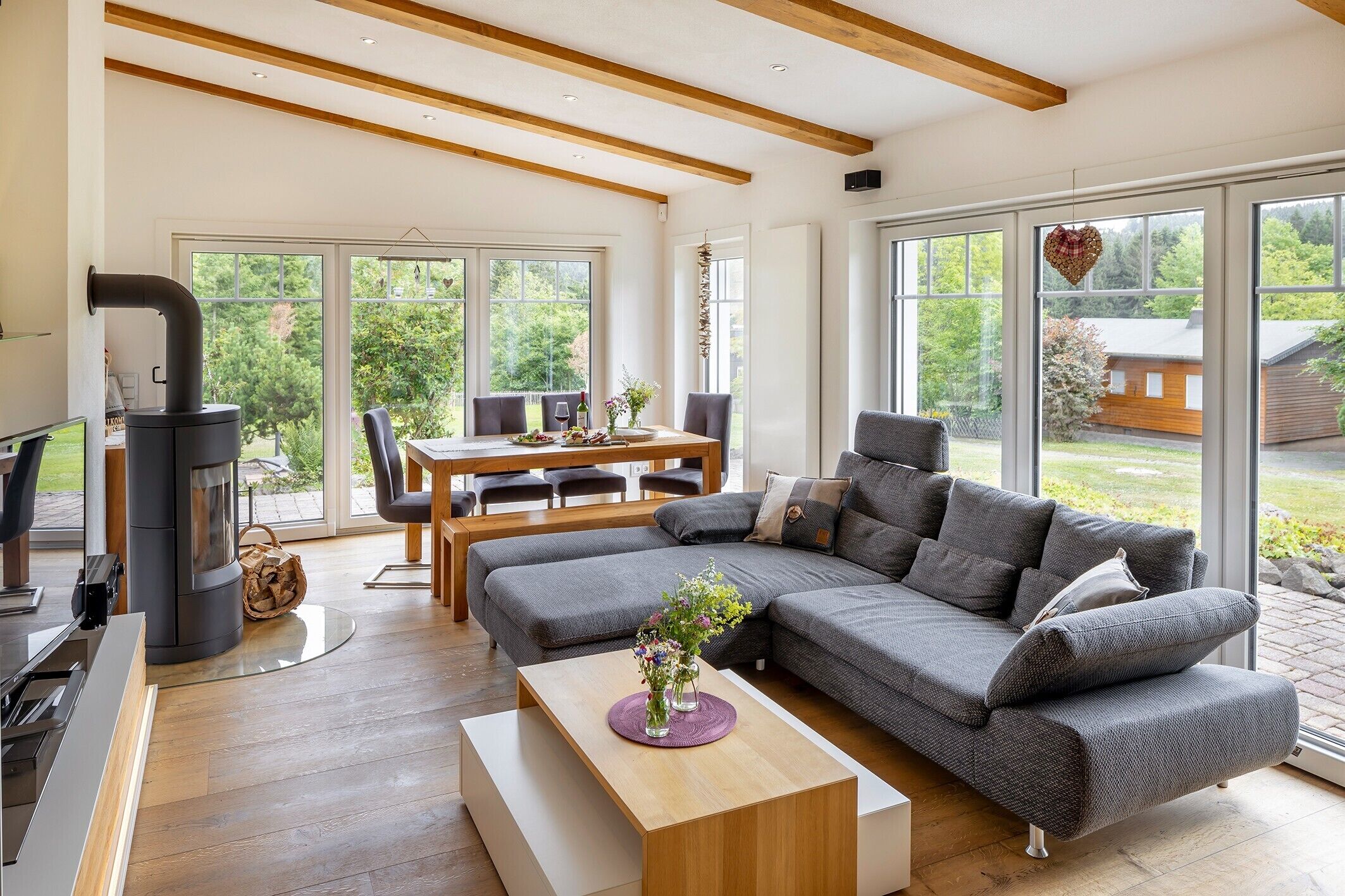 Télévision, cheminée, lecteur de DVD, chaîne hi-fi