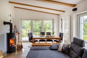 Un salon moderne avec un poêle à bois, une table à manger avec des chaises et un canapé.