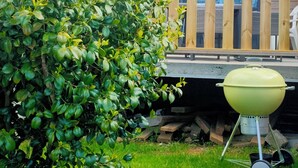 Un jardin avec une terrasse en bois, un arbuste verdoyant et un barbecue.