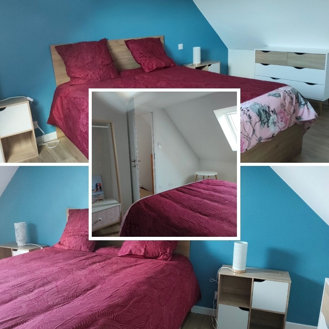 A bedroom with a bed, nightstands, a dresser, and a door leading to another room.