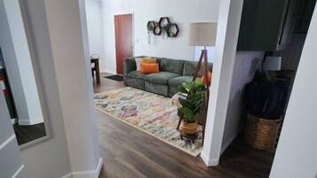 TV, fireplace, books