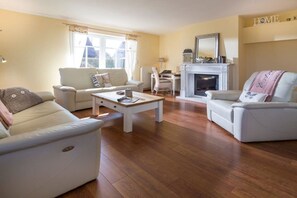 Smart TV, fireplace, books