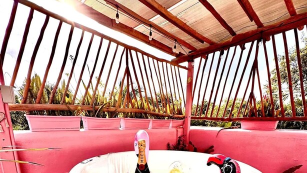 A pink-themed outdoor area with a hot tub, a flamingo sculpture, and a bottle of champagne.