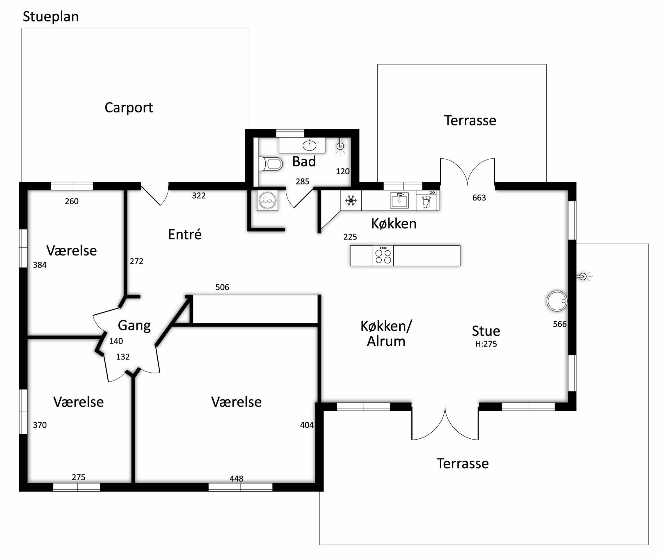 A hotel floor plan with multiple ensuite rooms, a carport, and a terrace.