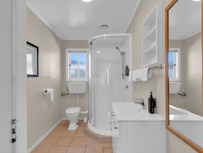 Shower, hydromassage showerhead, hair dryer, towels