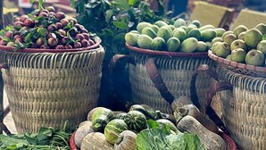Baskets of fruits and vegetables, likely at a market or outdoor sale. - Sapa Mackeno (Sa Pa)